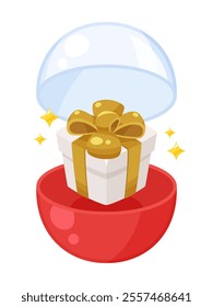 An illustration of a capsule toy capsule opening to reveal a gift box