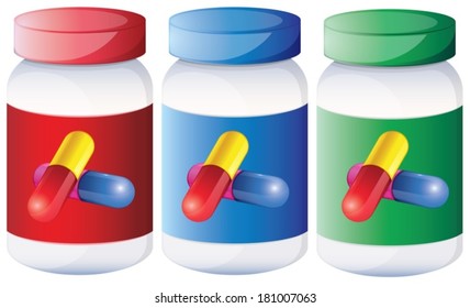 Illustration of the capsules inside the medical bottles on a white background