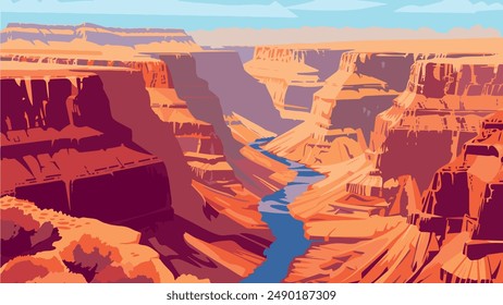 Die Illustration fängt die atemberaubende Weite des Grand Canyon ein, der in den warmen Tönen einer untergehenden Sonne gebadet ist. Die Gesamtkomposition vermittelt die beeindruckende Schönheit und Erhabenheit 