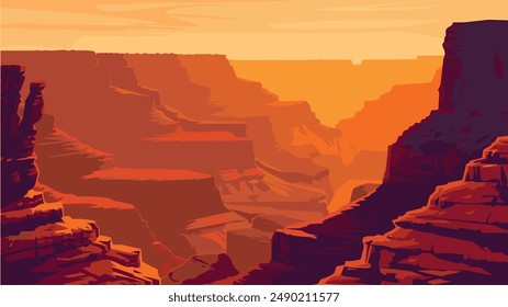 Die Illustration fängt die atemberaubende Weite des Grand Canyon ein, der in den warmen Tönen einer untergehenden Sonne gebadet ist