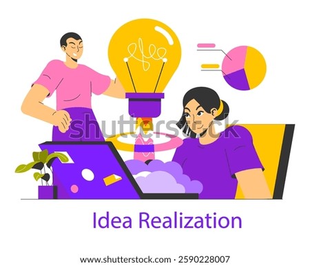 The illustration captures the concept of idea realization, showcasing individuals engaged in brainstorming and creation. It highlights collaboration and innovation through design elements like