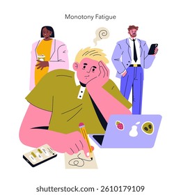 Illustration captures the essence of monotony fatigue, featuring an individual struggling with focus while colleagues appear engaged. It highlights challenges faced in a static work environment and