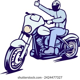 The illustration captures the exhilarating moment of a man riding a motorbike, showcasing the dynamic movement and freedom of the open road