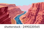 The illustration captures the expanse of the Grand Canyon showcasing the canyon's immense depth and intricate geological history