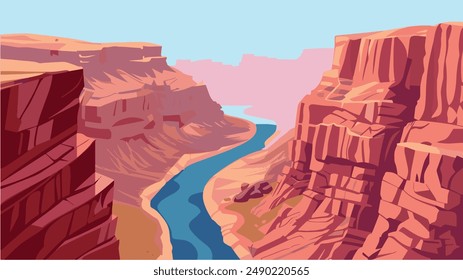 The illustration captures the expanse of the Grand Canyon showcasing the canyon's immense depth and intricate geological history