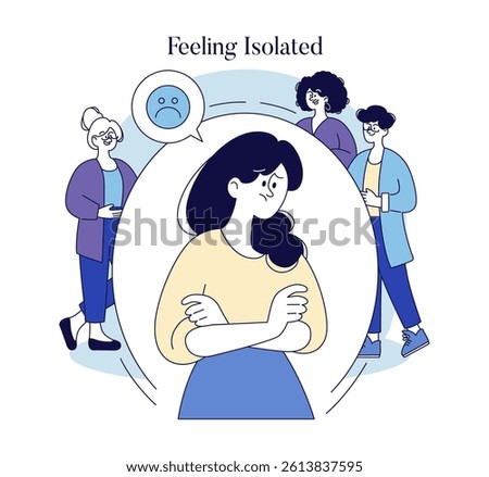 Illustration captures the feeling of isolation in a social setting. A single figure appears disconnected from others, symbolizing emotional distance despite physical presence. Impact on mental health