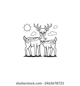 The illustration captures the heartwarming bond between the two animals, with one deer being a larger adult, likely a doe, and the other a smaller, young fawn he adult deer stands tall and graceful