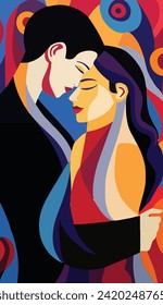 The illustration captures an intimate moment where a man gently embraces a woman. The abstract style and geometric shapes bring this love scene to life. 