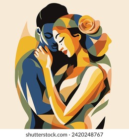 The illustration captures an intimate moment where a man gently embraces a woman. The abstract style and geometric shapes bring this love scene to life. 