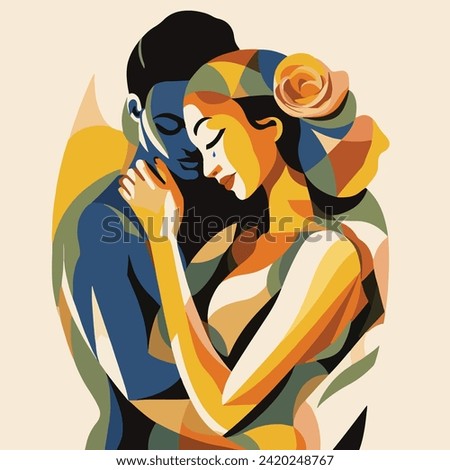 The illustration captures an intimate moment where a man gently embraces a woman. The abstract style and geometric shapes bring this love scene to life. 