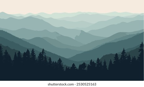 The illustration captures the serene, layered mountain ranges of the Great Smoky Mountains National Park, which spans Tennessee and North Carolina. 