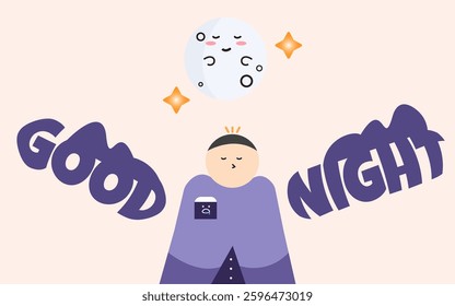 Illustration capturing the essence of a peaceful night, a sleepy character dressed in soft purple tones, accompanied by a smiling moon and twinkling stars.