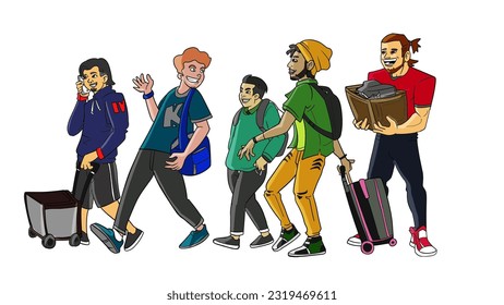 An illustration capturing the smiles of five college students, filled with anticipation and determination, as they joyfully carry their backpacks and belongings back to university.