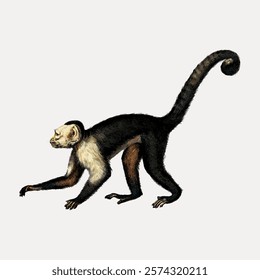 Illustration of a capuchin monkey with a long tail. Capuchin monkey in profile, showing its distinctive black and white fur. Capuchin monkey walking gracefully. Vintage style art, isolated vector.