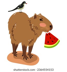 An illustration of a capybara with a bird on its back eating a watermelon captures a touching moment of incredible friendship, cuteness and charm. A mammal shares food with a bird vector illustration