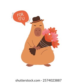 Illustration of a Capybara gentleman with flowers on a white background. Great for creating design cards for valentine's day, greeting posts in social media. vector