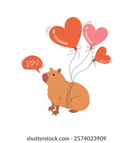 Illustration of Capybara in love with Balloons on white background. Great for creating design cards for valentine's day, greeting posts in social media. vector