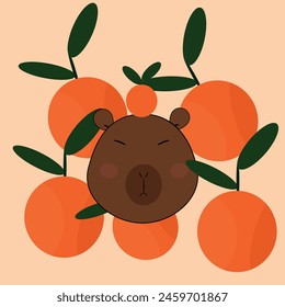 illustration of a capybara on an orange head on a light background with oranges