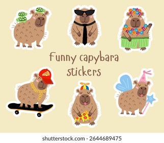Ilustração de adesivos de capivara sobre fundo amarelo claro.