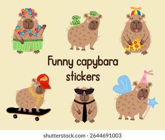 Ilustração de adesivos de capivara sobre fundo amarelo claro.