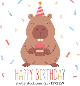 Illustration of a capybara, text - Happy Birthday. The capybara is depicted in a festive hat holding a cake, the background is made of confetti. Vector illustration in cartoon cute style