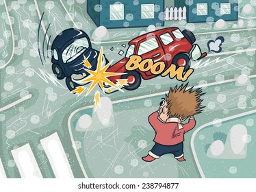 Illustration of a car accident at the crossroads. Crash and frightened man at the crossroads. Illustration of winter crash. Snowfall and sleet.