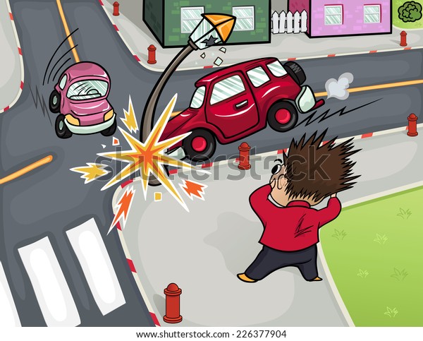 Illustration of a car accident at the\
crossroads. Crash and frightened man at the\
crossroads.