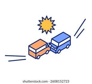 Illustration of a car accident with head-on collision between cars. Isometric diagram car accident vector illustration.