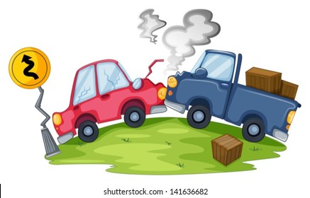 Illustration of a car accident near the yellow signage on a white background