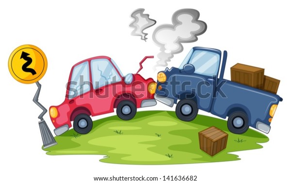 Illustration of a car accident near the yellow\
signage on a white\
background