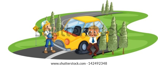 Illustration of a car accident at the road\
near the pine trees on a white\
background