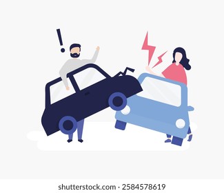 Illustration of a car accident with two cars. A man and a woman are involved. The scene shows damage and shock. Car accident illustration with people. Vector isolated on white.