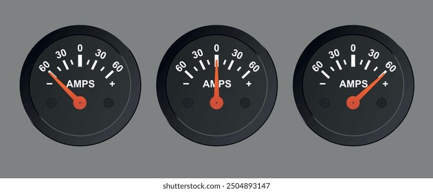 Illustration of a car ammeter with different arrow positions. Black car sensor with red arrow