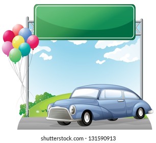 Illustration of a car and balloons with an empty signboard on a white background