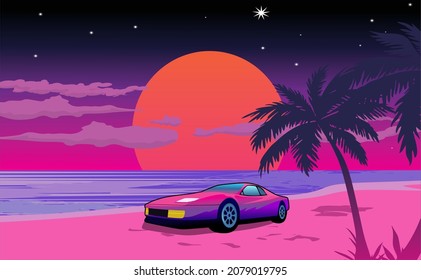 illustration of a car in the beach enjoying the sunset,retro wave style lofi