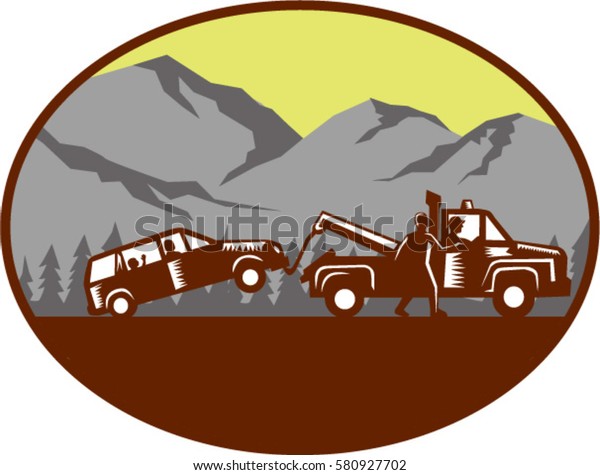 Illustration of a car being towed away, people in the\
car, child looking looking out the back window with man walking\
beside tow truck oval shape with mountain and trees  done in retro\
woodcut style. 