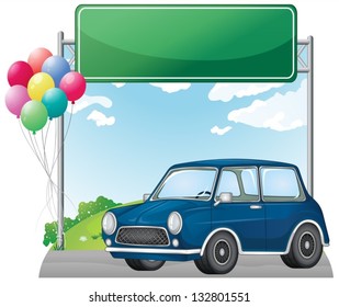 Illustration of a car below an empty signage on a white background
