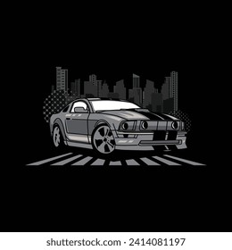 Illustration of car with city skyline graphic illustration