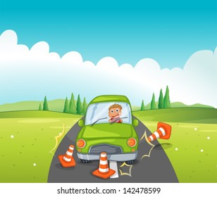 Illustration of a car crash at the road near the hill