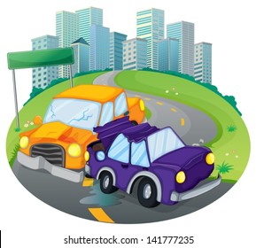 Illustration of a car crash at the street near the empty green signage on a white background