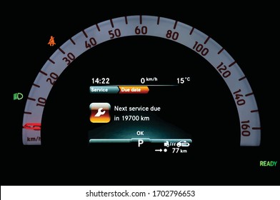 Illustration of car dashboard panel with display indicates when service is needed. Mileage counter for service inspection in full electric vehicle. Cluster with car inspection reminder and speedometer
