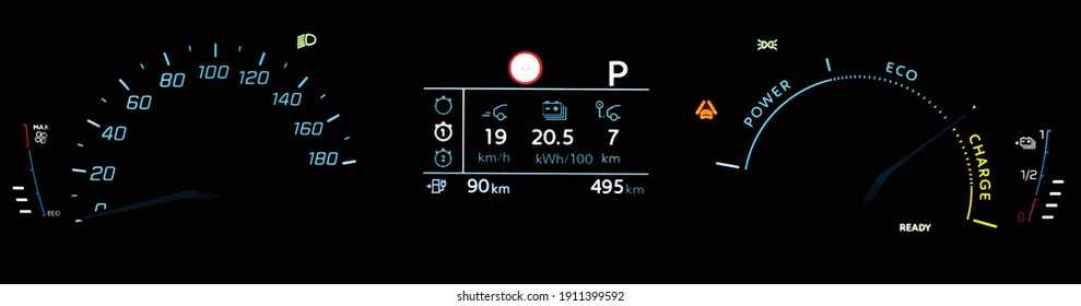 Illustration of car dashboard panel in full electric vehicle EV. Car cluster with speedometer, odometer, battery range indicator, power and battery charge gauge. Average battery consumption display.