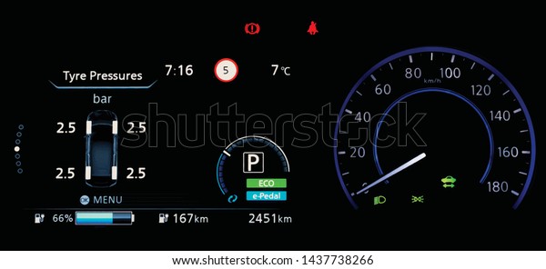 Illustration of car dashboard panel in the fully\
electric vehicle (EV). TPMS (Tyre Pressure Monitoring System)\
monitoring display on a car counter panel. The pressure measurement\
given in bar.