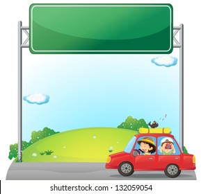 Illustration of a car driven by a woman near an empty signage