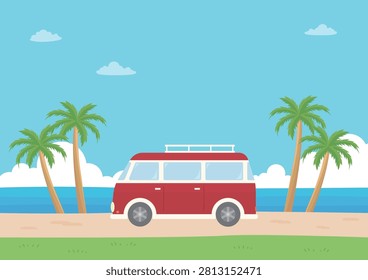 An illustration of a car driving by the summer sea