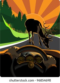 An illustration of a car driving and dodging road hazards.It is divided into layers perfectly editable.