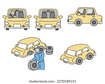 Illustration of the car. Driving, licensing, maintenance, tire replacement, trouble, inspection, maintenance, mechanic.