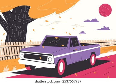 illustration of a car driving under a tree with fallen leaves, autumn atmosphere.