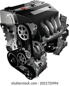 Illustration of a car engine, specifically crate legendary motor from automobile manufacturer