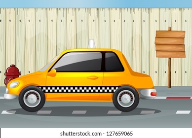 Ilustración de un coche, una boca de incendios y un tablero de anuncios en una carretera